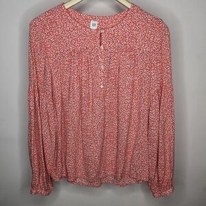 GAP Coral w/ Blue &White Floral Pattern Women's 1/2 Button Front Blouse Size M